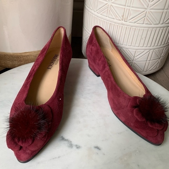 NEW Sesto Meucci Red Suede Ballerina Slip On Pumps with Rabbit Fur Pom size 7 - Picture 1 of 12